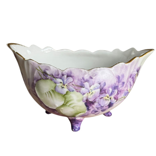 Vintage Footed Scalloped Painted Violet Bowl